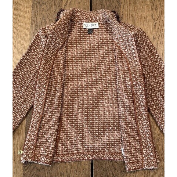 St. John Knit Painterly Tweed Boucle Jacket Women’s Sz 6 Russet Fringe Full Zip - Picture 6 of 12